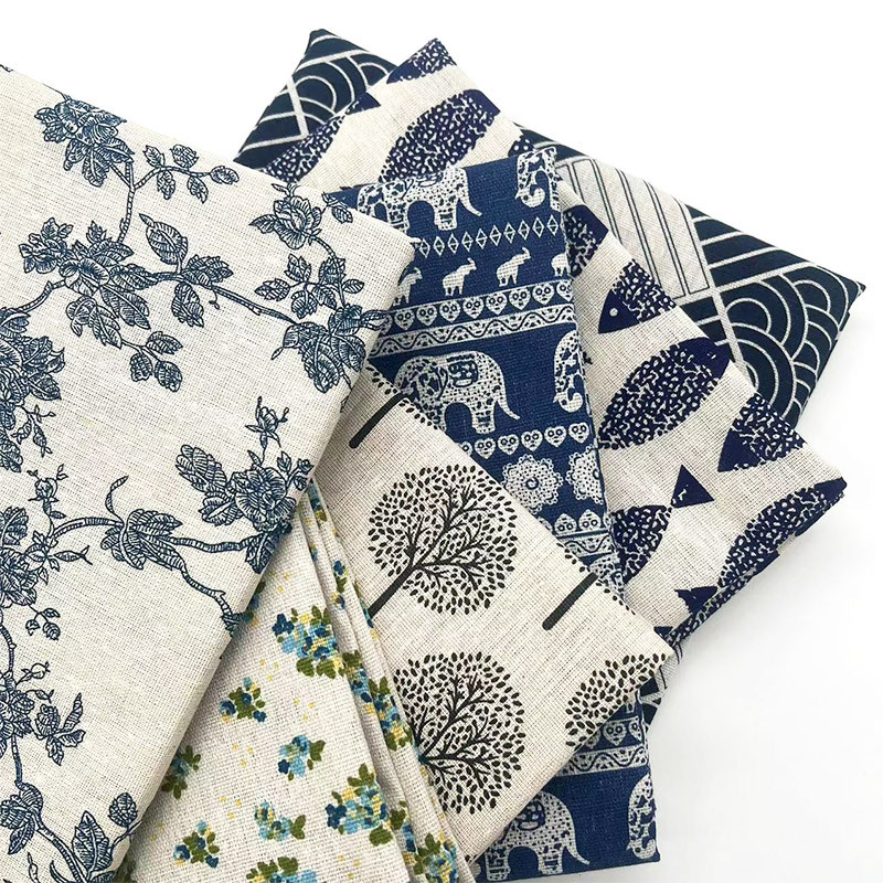 Linen Table Runner - Vintage blauwe bloemenkatoenen linnenstof, doe-het-zelf naaimateriaal
